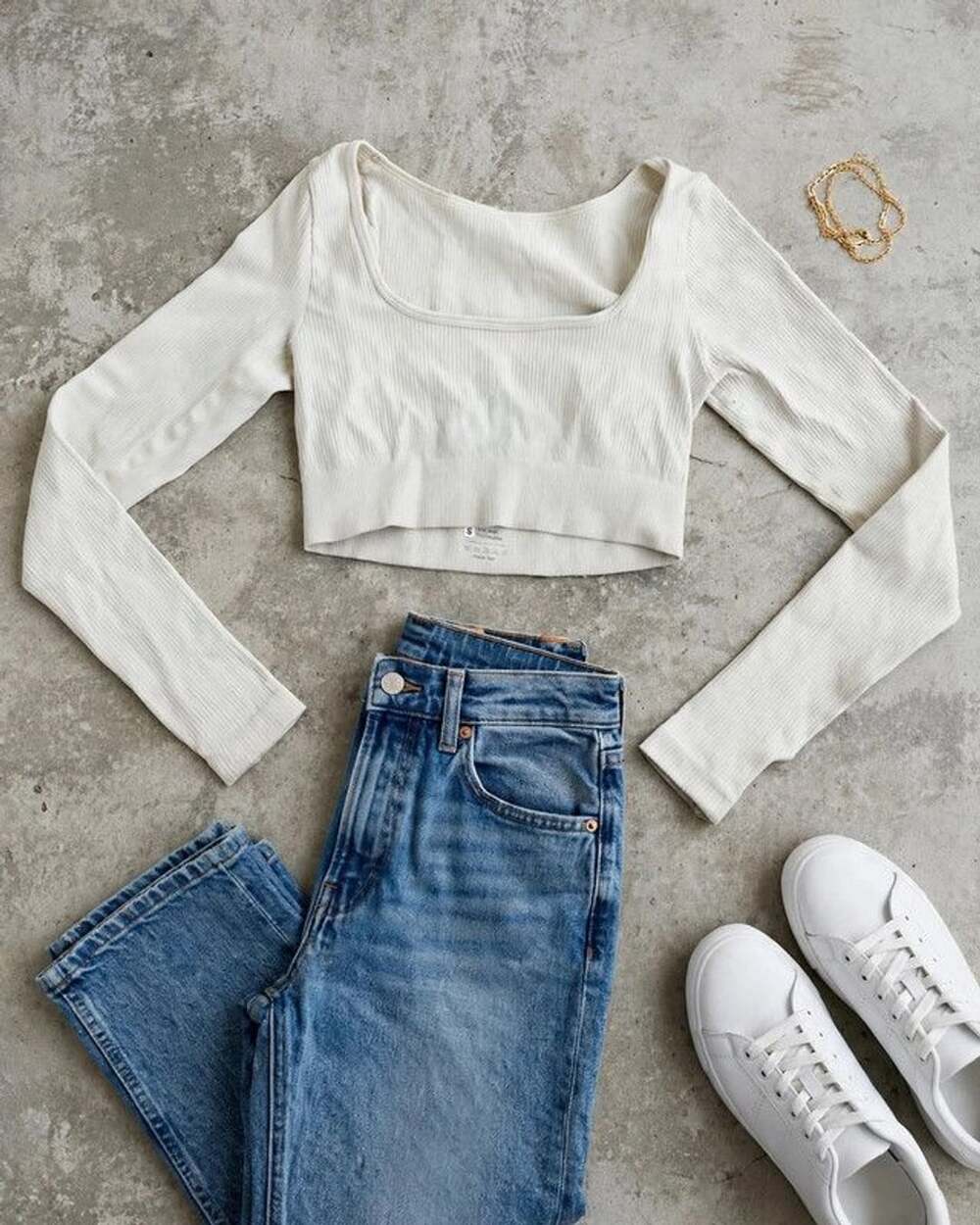 Cream Ivory Ribbed Long Sleeve Crop Top
